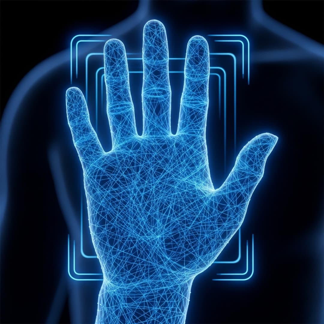 A glowing blue wireframe hand with a digital scanning effect, symbolizing the concept of a hand as a universal digital passport for authentication.