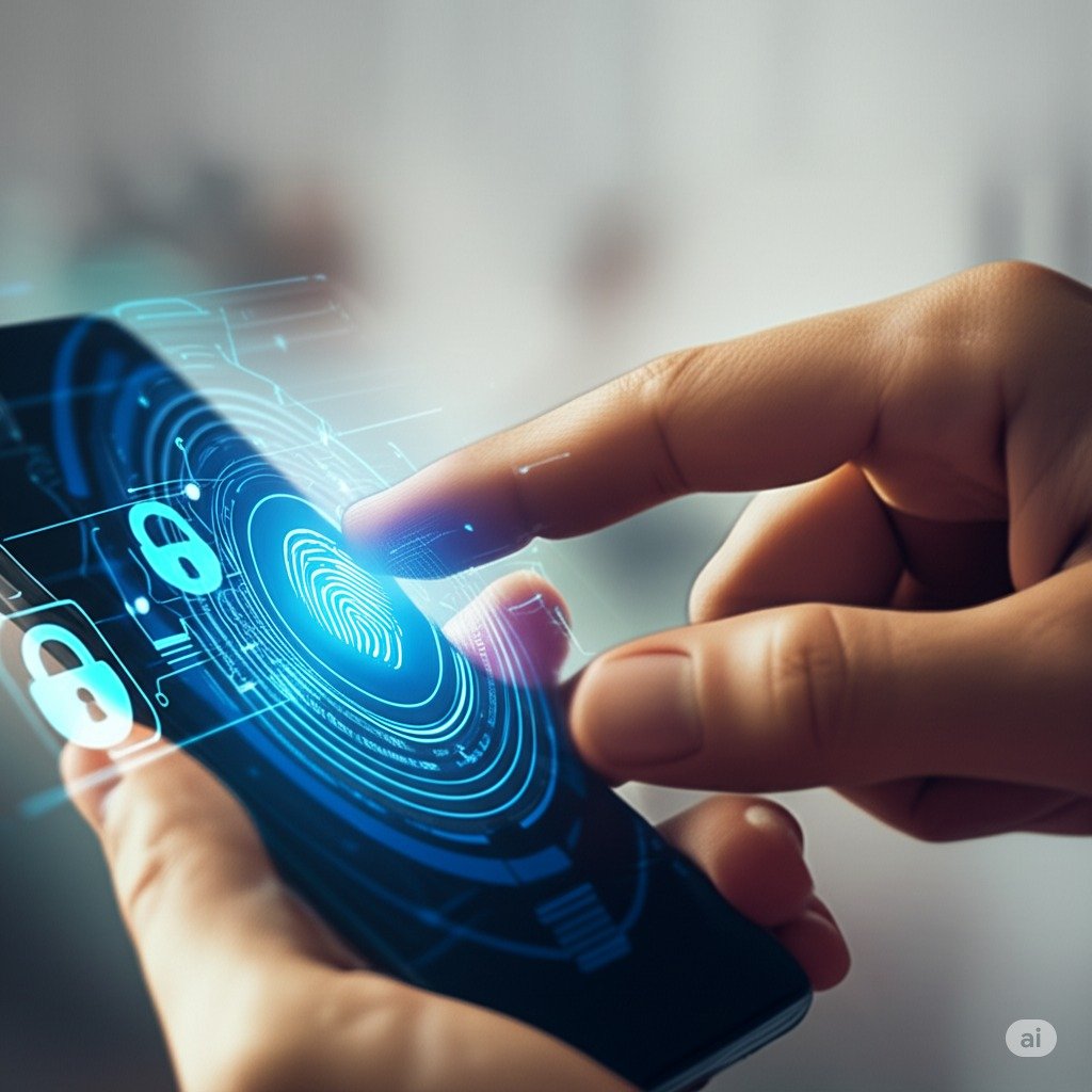 Hands using biometric authentication on smartphone with fingerprint scanner and security interface